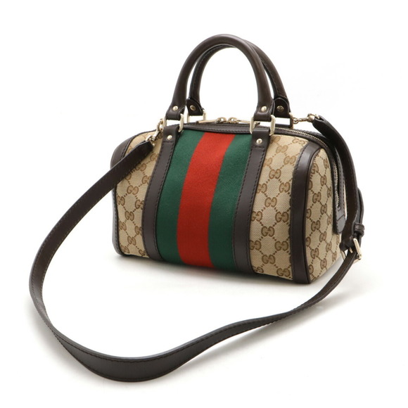 GUCCI GG Canvas Sherry Line Handbag Boston Shoulder Bag Leather Beige Dark Brown - Picture 3 of 10